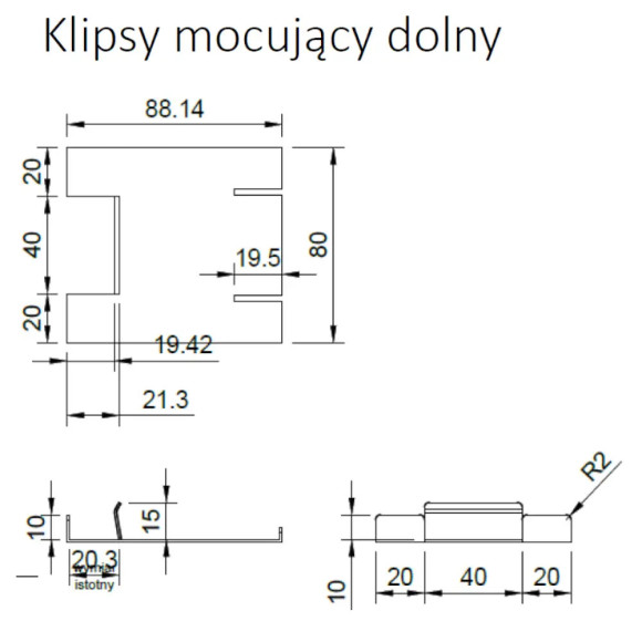 Klipsy mocujące RENOPAD PRO dolny Renoplast do tarasu wentylowanego - rysunek techniczny