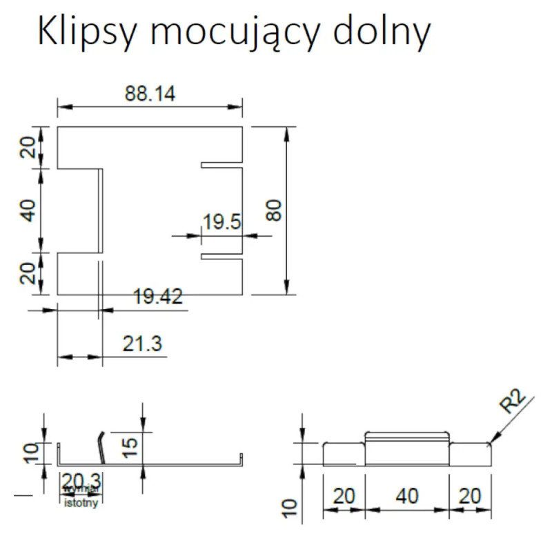 Klipsy mocujące RENOPAD PRO dolny Renoplast do tarasu wentylowanego - rysunek techniczny