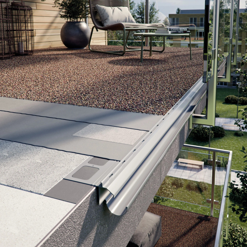 Przekrój systemu kamiennego dywanu z profilem okapowym K20 R