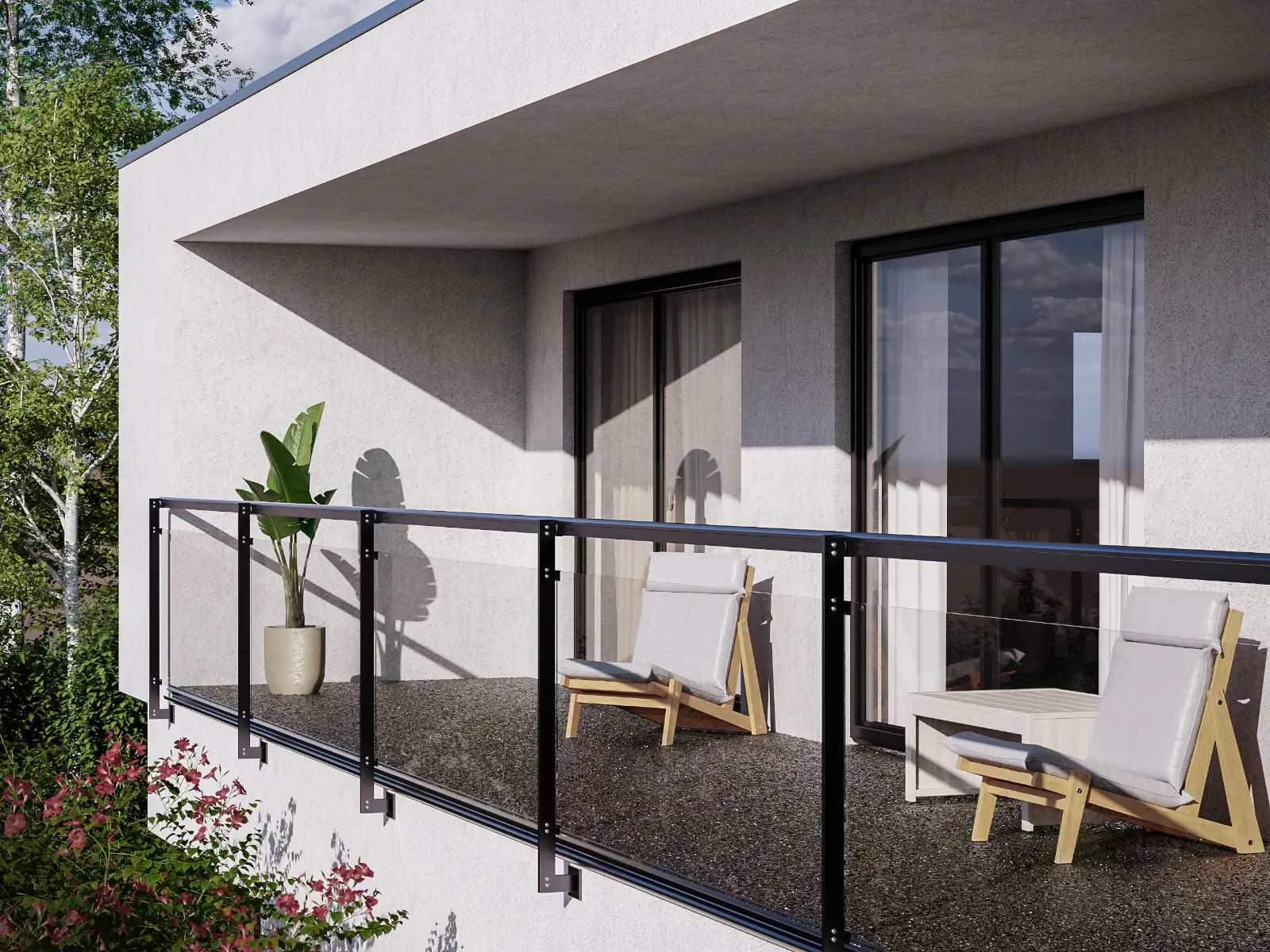 Kamienny dywan na balkonie nowoczesnego domu jednorodzinnego