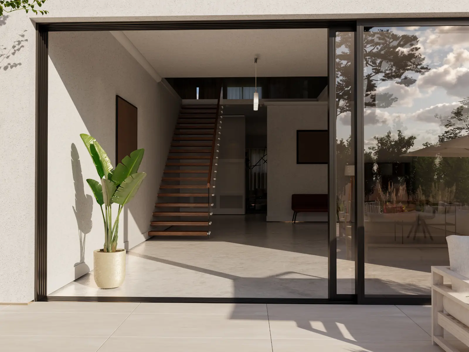 Płytki klejone na podłodze w nowoczesnym salonie z dużymi przeszkleniami